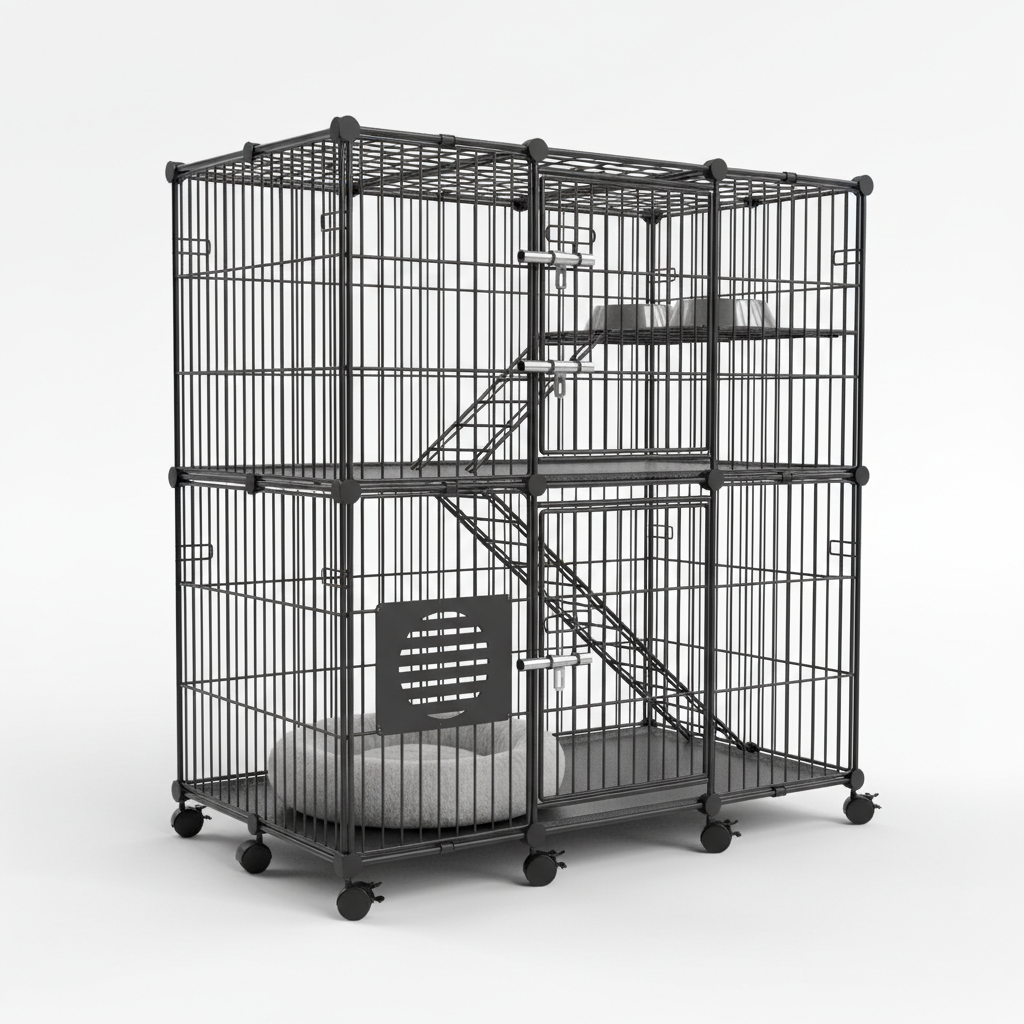 Spacious multi-level cat cage with secure locking door