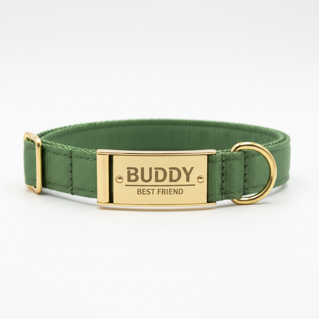 Green personalized dog collar with custom name engraving