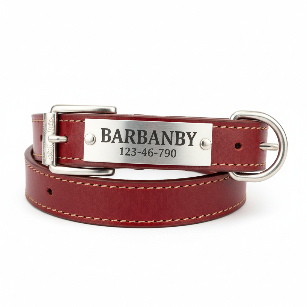 Red personalized dog collar with custom name engraving