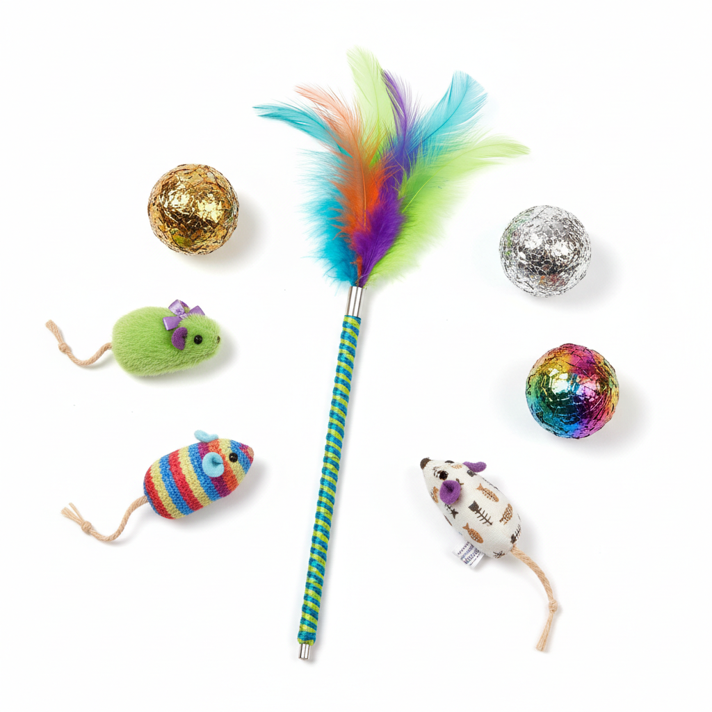 Colorful cat toy set with feather wand, crinkle balls, and catnip mice