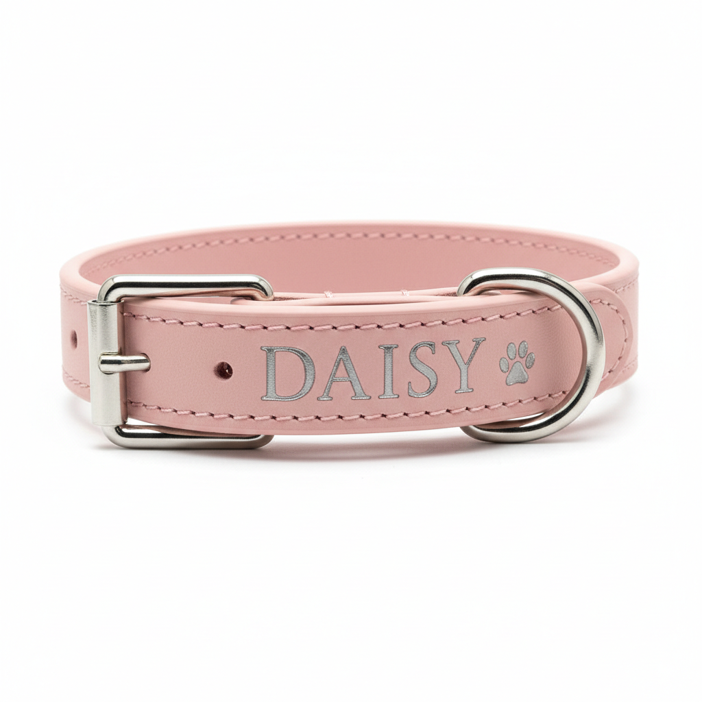Pink personalized dog collar with custom name engraving
